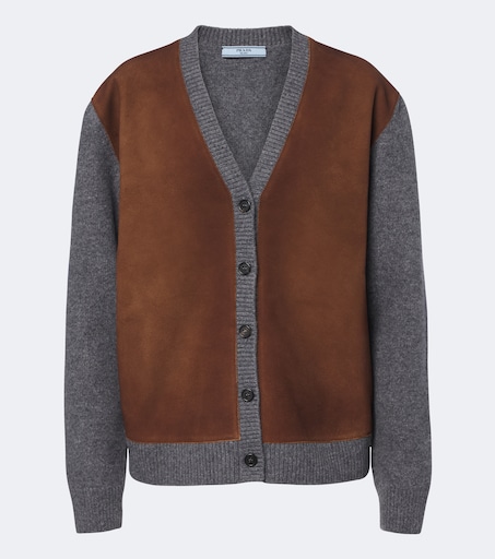 Suede-trimmed virgin wool cardigan in grey - Prada | Mytheresa