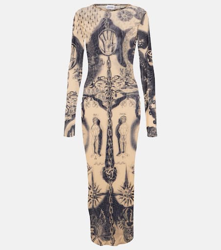 Tattoo Collection mesh midi dress in beige - Jean Paul