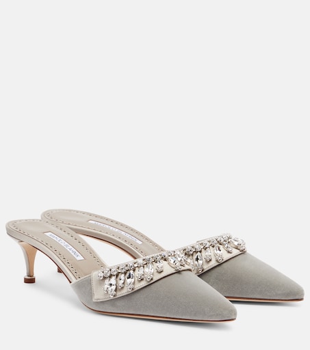 Tulipe 50 embellished velvet mules in grey - Manolo Blahnik