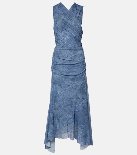Printed ruched mesh maxi dress in blue - Ganni | Mytheresa