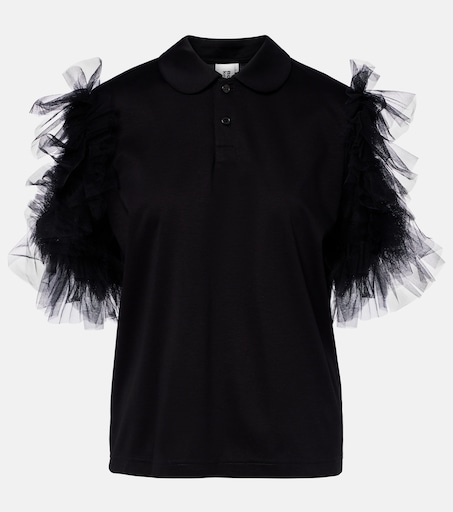 Tulle-trimmed cotton polo shirt in black - Noir Kei Ninomiya