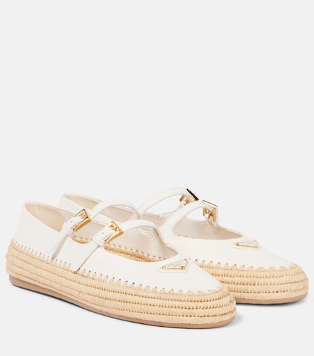 Leather and raffia Mary Jane flats in white - Prada | Mytheresa