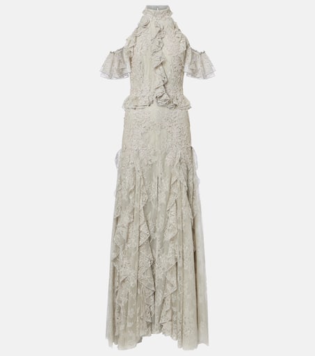Rhodine embellished halterneck lace gown in grey - Costarellos | Mytheresa