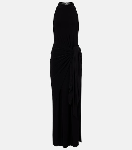 black ruched asymmetric maxi dress with drape Sasha Ruched Maxi Dress, Cowl Neck Black main image 1