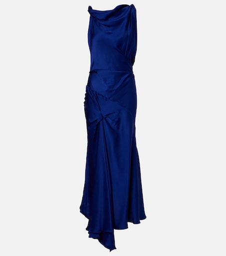 blue satin drape asymmetric strap midi dress Asymmetric gathered crpe satin midi dress in blue - Victoria Beckham