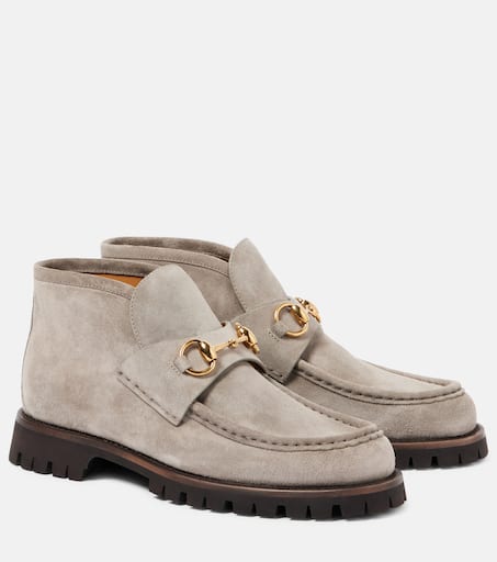 Horsebit suede ankle boots in beige Gucci Mytheresa