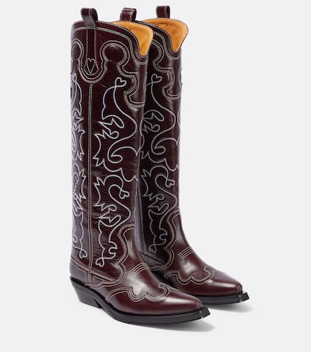 Embroidered leather cowboy boots in red Ganni Mytheresa