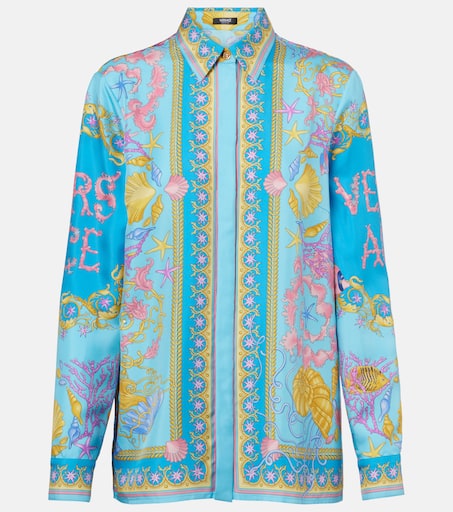 Underwater Barocco silk twill shirt in blue - Versace