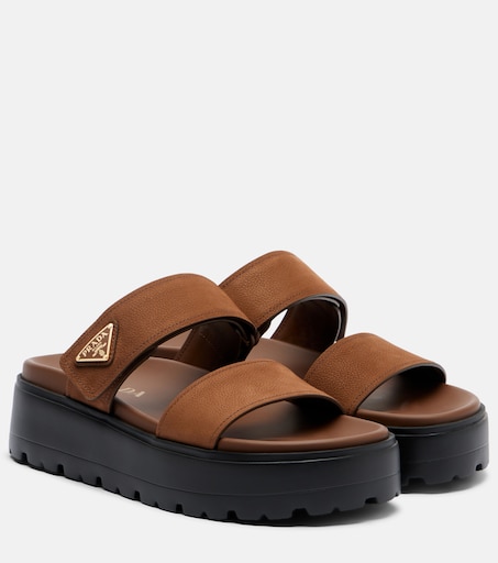 Leather platform sandals in brown - Prada | Mytheresa
