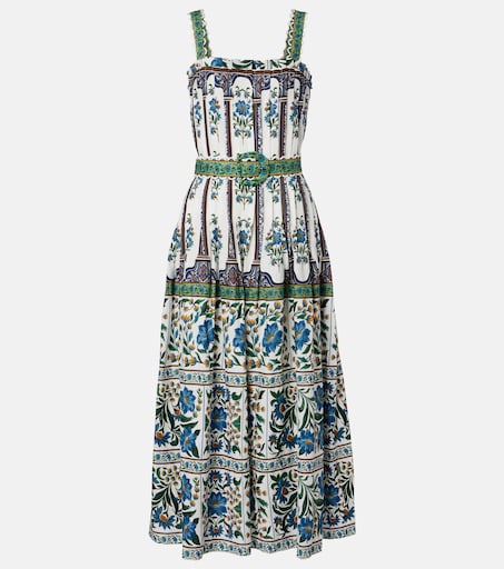 FARM Rio Manoela Belted floral linen-blend pleated midi Dress