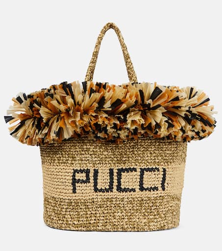 Logo fringe-trimmed raffia tote bag in neutrals - Pucci