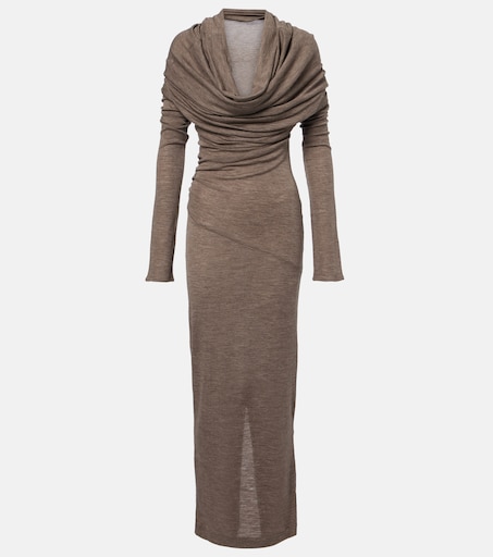 Draped semi-sheer wool maxi dress