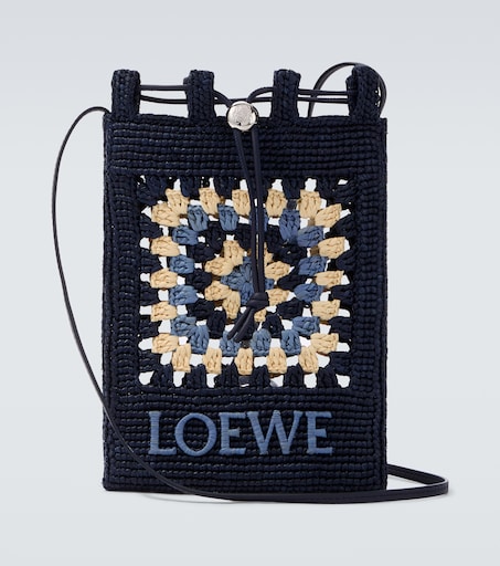 Paula's Ibiza crochet raffia pouch with strap in blue - Loewe
