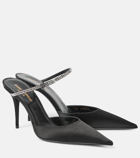 【SAINT LAURENT】Barbara Stiletto Mule/追跡可能/全国送料無料 Barbara 90 embellished satin mules in black - Saint Laurent