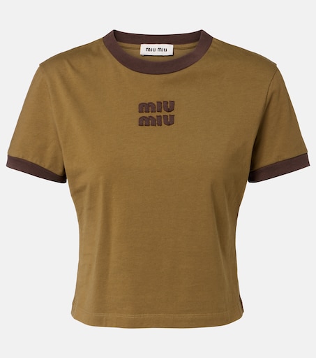 MIU MIU ジャージー Tシャツ　ボーダー　ブラウン MIU MIU】ジャージーTシャツ 半袖 クルーネック ロゴ ボーダー (MiuMiu