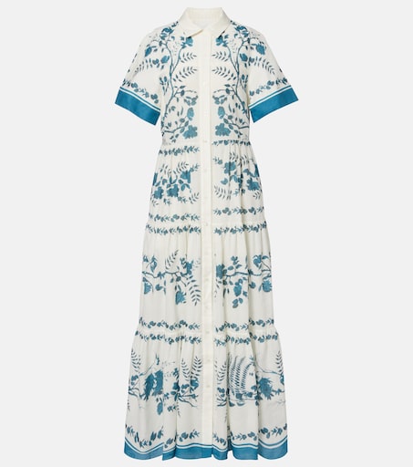 Floral cotton and linen tiered shirt dress in blue - Erdem | Mytheresa