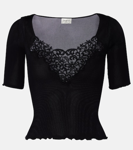 Lace-trimmed ribbed-knit silk top in black - Saint Laurent | Mytheresa