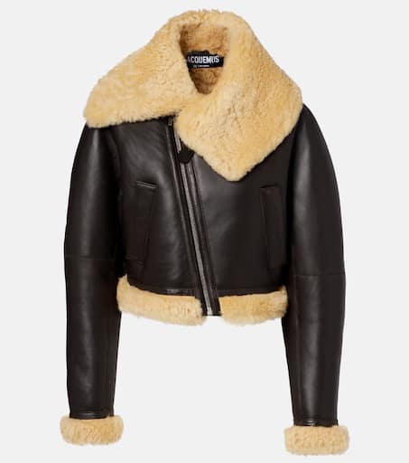 Aviatore cropped shearling-trimmed leather jacket in brown