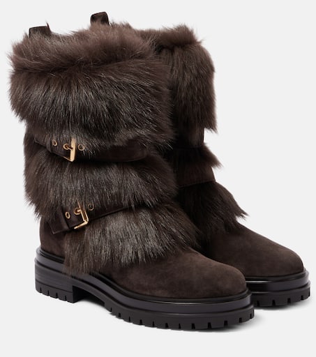 Maverick shearling-trimmed suede biker boots in brown