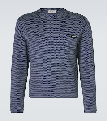 Striped cotton jersey jacquard T-shirt in blue - Miu Miu | Mytheresa