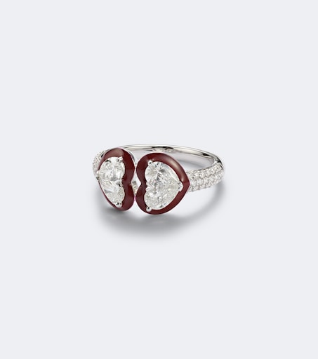 Twin Heart 18kt white gold and enamel ring with diamonds