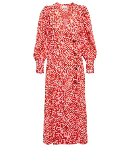 knee length dresses for ladies Ganni Shirtdress Black & Red Vine Print Crepe Size 38 Short Sleeve Mid   Celebrity Owned