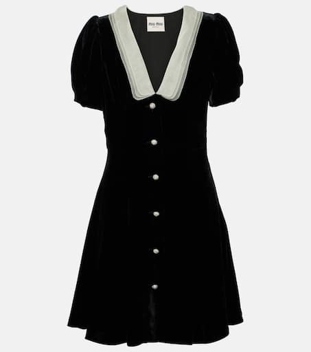 V-neck organza-trimmed velvet minidress in black - Miu Miu