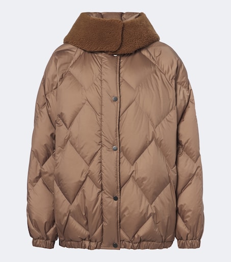 Shearling-trimmed quilted down jacket in brown - Brunello