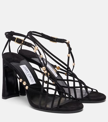 サンダル・ミュール Jimmy Choo Black Suede Saeda 100 Sandals SAEDA SANDAL 100 | Black Suede Sandals with Crystal