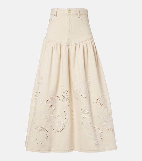 スカート GANNI Woman Skirt White K2546 135 Broderie anglaise gathered denim skirt in beige - Ganni