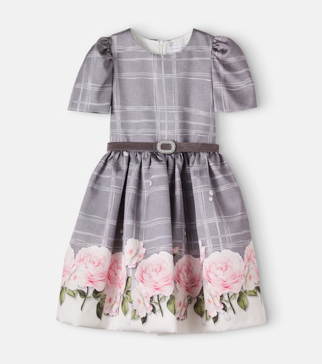 Checked floral belted dress in grey - Monnalisa | Mytheresa