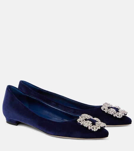 MANOLO BLAHNIK フラット HANGISI ハンギシ 34 ブルー Hangisimuflat embellished satin mules in blue - Manolo Blahnik