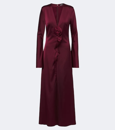 Floral-appliqué ruffled satin maxi dress