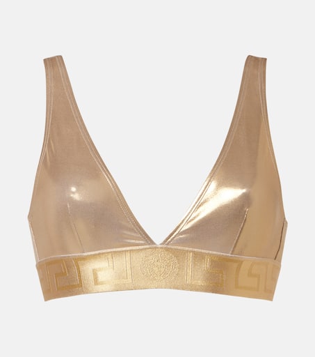 Logo metallic bikini top in gold - Versace | Mytheresa