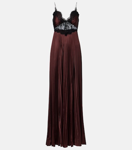 Lace-trimmed pleated satin maxi dress in brown - Self Portrait | Mytheresa Lace-trimmed pleated satin maxi dress in brown - Self Portrait | Mytheresa
