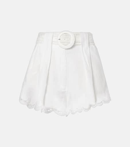 ショートパンツ FARM RIO WHITE LINEN SHORTS Broderie anglaise high-rise linen shorts in white - Farm Rio