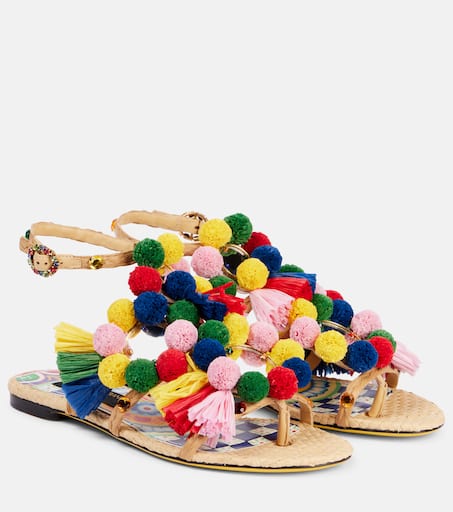 サンダル・ミュール DOLCE & GABBANA RAFFIA SLIDE SANDALS WITH FRINGES Dolce&Gabbana DG Medallion Raffia Slide Sandals | Neiman Marcus