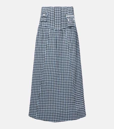 Gingham high-rise cotton-blend maxi skirt in blue - Ganni