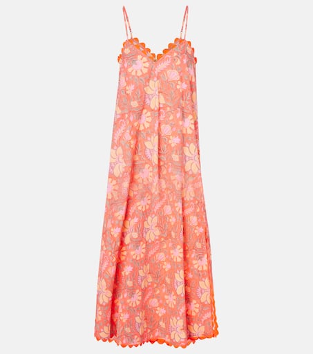 【Juliet Dunn】フローラルコットンアンドリネンミディドレス Scalloped floral cotton midi dress in blue - Juliet Dunn