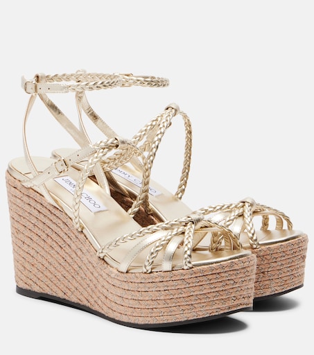 Nyra braided leather espadrille wedges in gold - Jimmy Choo