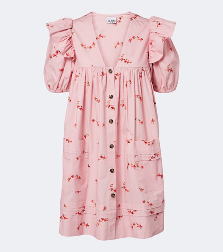 Floral ruffled cotton-blend poplin minidress in pink - Ganni