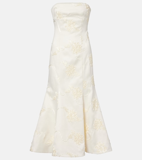 Bridal floral-appliqué satin midi dress
