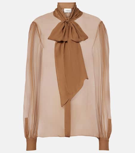 【送料&関税込】Saint Laurent Printed Silk Blend Blouse Tie-neck silk satin blouse in white - Saint Laurent | Mytheresa