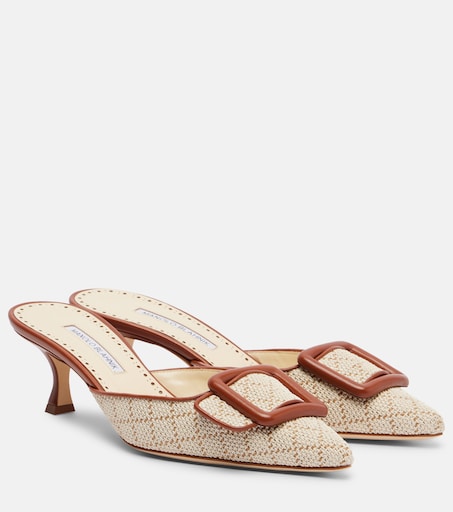 MANOLO BLAHNIK ミュール Maysale メイセール37 ベージュ Maysale leather-trimmed mules in beige - Manolo Blahnik | Mytheresa