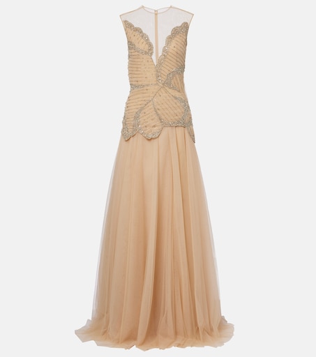 mytheresa evening dresses Embellished one-shoulder gown in pink - La Fuori