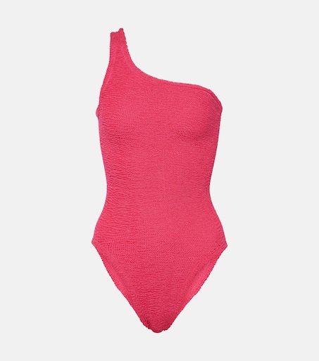 【HUNZA G】nancy one-shoulder seersucker swimsuit HUNZA G Nancy One-Shoulder Seersucker Swimsuit in Green