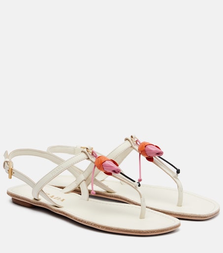 Floral-appliqué leather thong sandals in white - Prada | Mytheresa