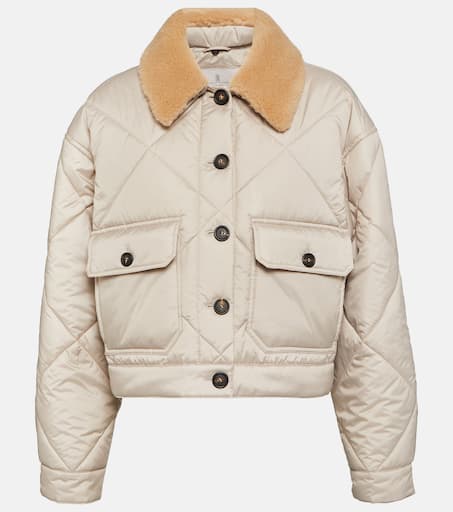 Shearling-trimmed quilted jacket in beige - Brunello