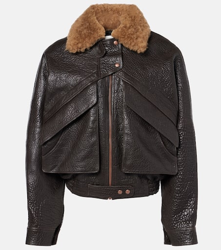 【MAGDA BUTRYM】 Cropped hooded faux fur jacket Cropped shearling-trimmed leather jacket in brown - Magda