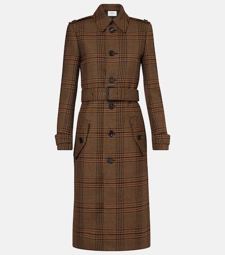 Belted Prince of Wales wool coat in brown - Saint Laurent